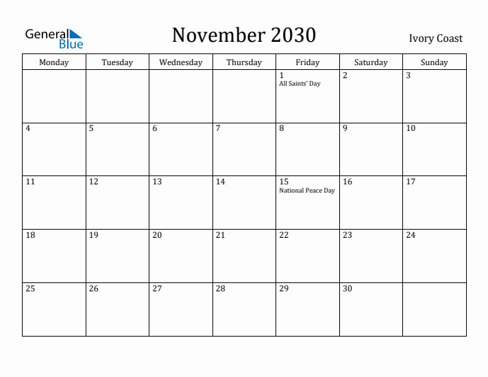November 2030 Calendar Ivory Coast