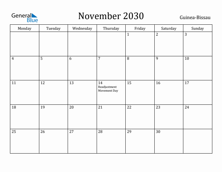 November 2030 Calendar Guinea-Bissau
