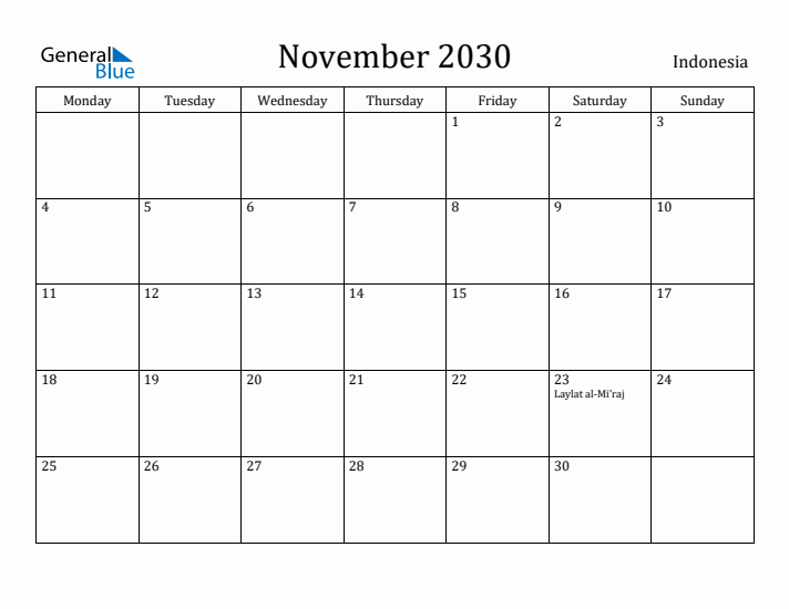 November 2030 Calendar Indonesia