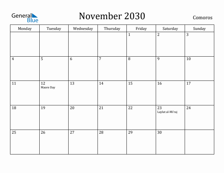 November 2030 Calendar Comoros
