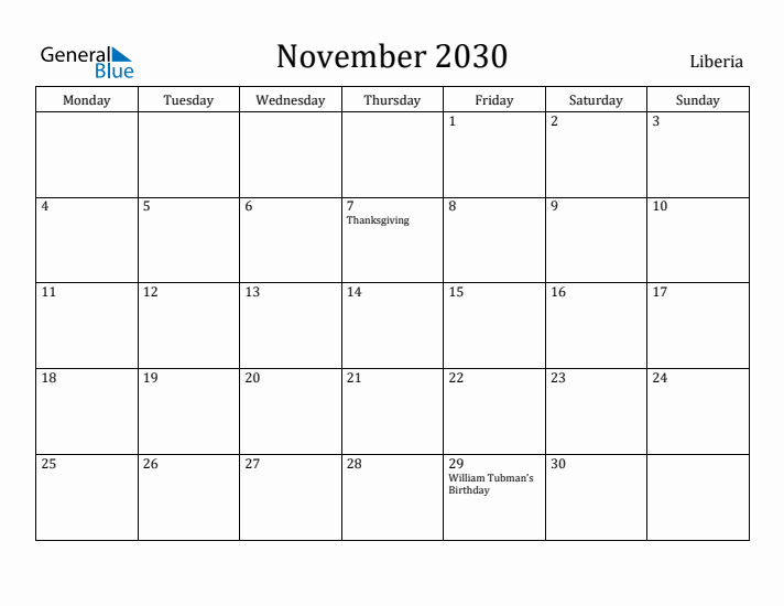 November 2030 Calendar Liberia