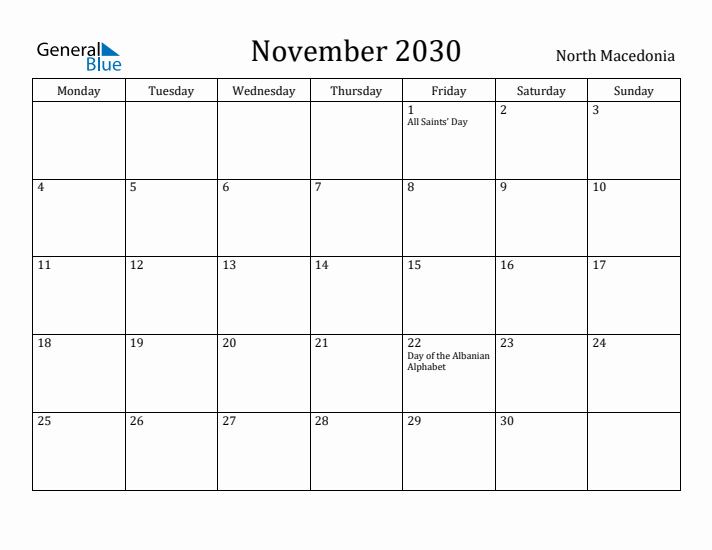November 2030 Calendar North Macedonia