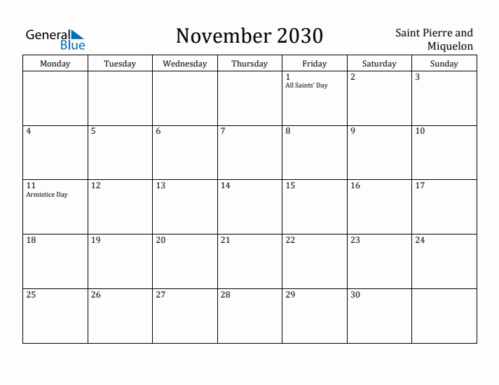 November 2030 Calendar Saint Pierre and Miquelon