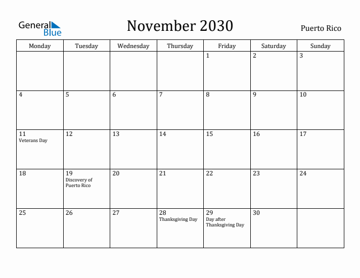 November 2030 Calendar Puerto Rico