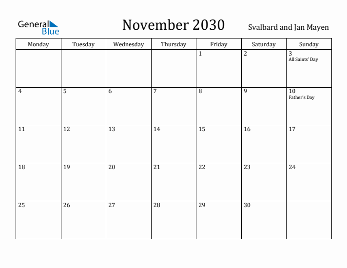 November 2030 Calendar Svalbard and Jan Mayen