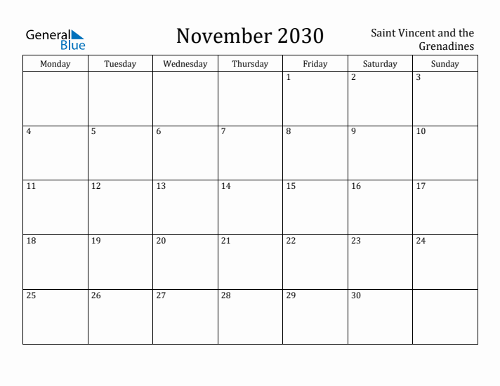 November 2030 Calendar Saint Vincent and the Grenadines