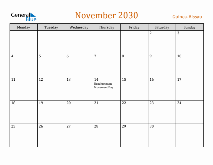 November 2030 Holiday Calendar with Monday Start