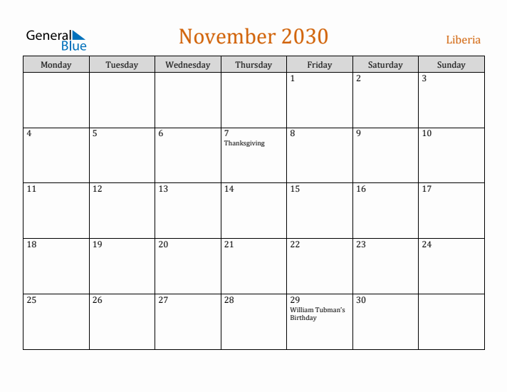 November 2030 Holiday Calendar with Monday Start