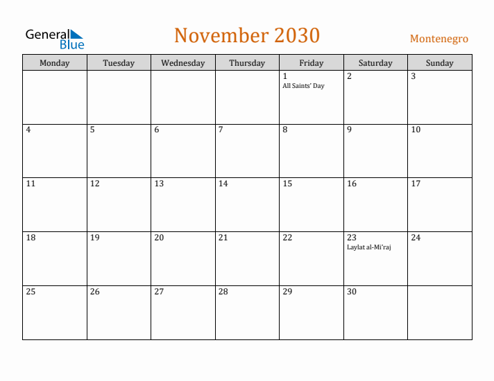 November 2030 Holiday Calendar with Monday Start