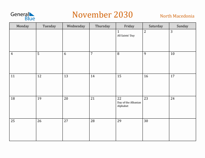 November 2030 Holiday Calendar with Monday Start