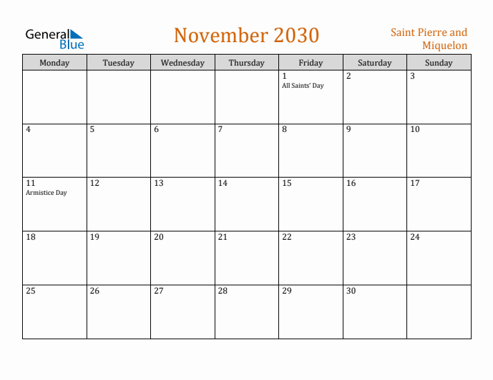 November 2030 Holiday Calendar with Monday Start