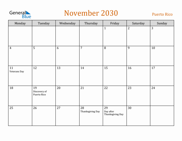 November 2030 Holiday Calendar with Monday Start