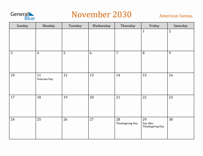 November 2030 Holiday Calendar with Sunday Start