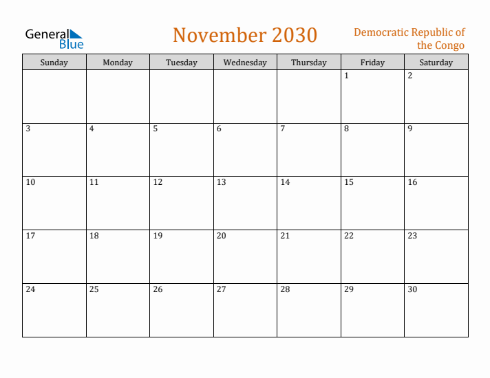 November 2030 Holiday Calendar with Sunday Start
