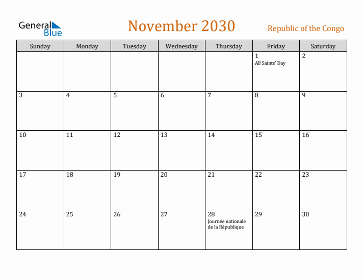 November 2030 Holiday Calendar with Sunday Start