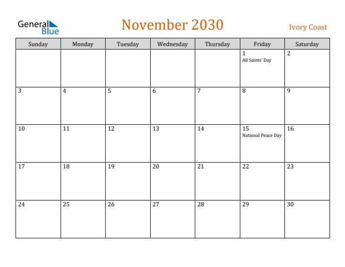 November 2030 Holiday Calendar with Sunday Start
