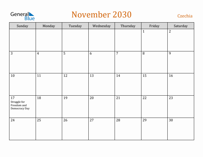 November 2030 Holiday Calendar with Sunday Start