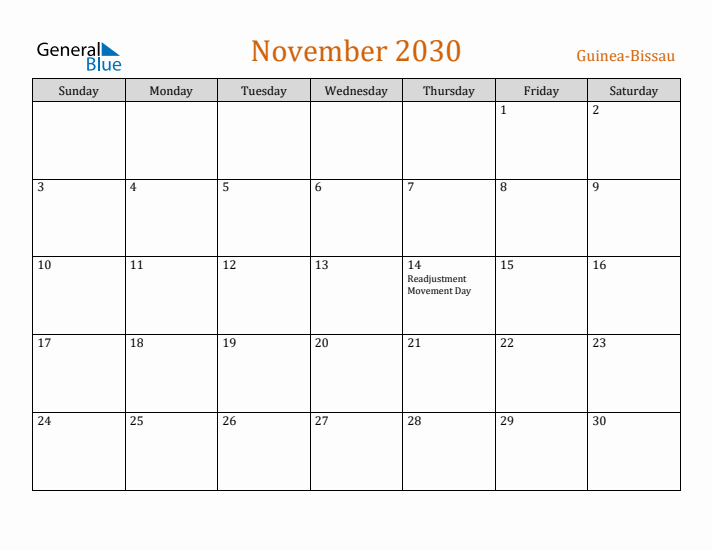 November 2030 Holiday Calendar with Sunday Start