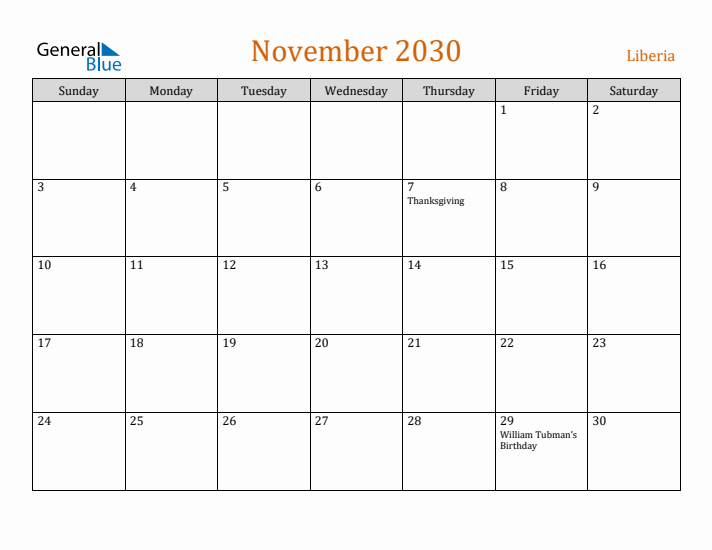 November 2030 Holiday Calendar with Sunday Start