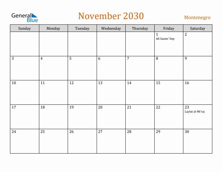 November 2030 Holiday Calendar with Sunday Start