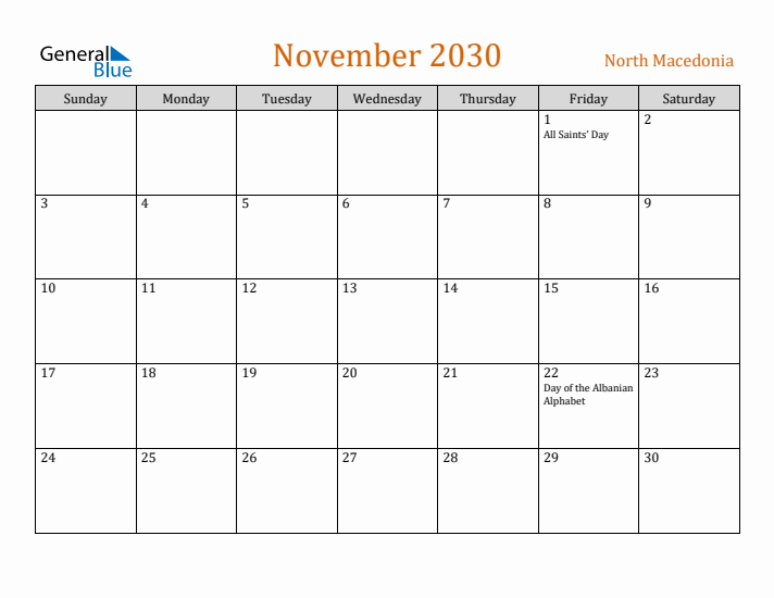 November 2030 Holiday Calendar with Sunday Start