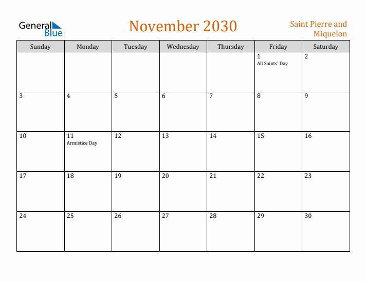 November 2030 Holiday Calendar with Sunday Start