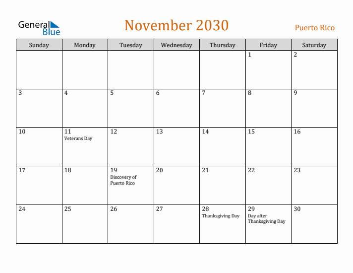 November 2030 Holiday Calendar with Sunday Start