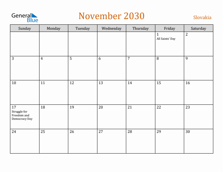 November 2030 Holiday Calendar with Sunday Start