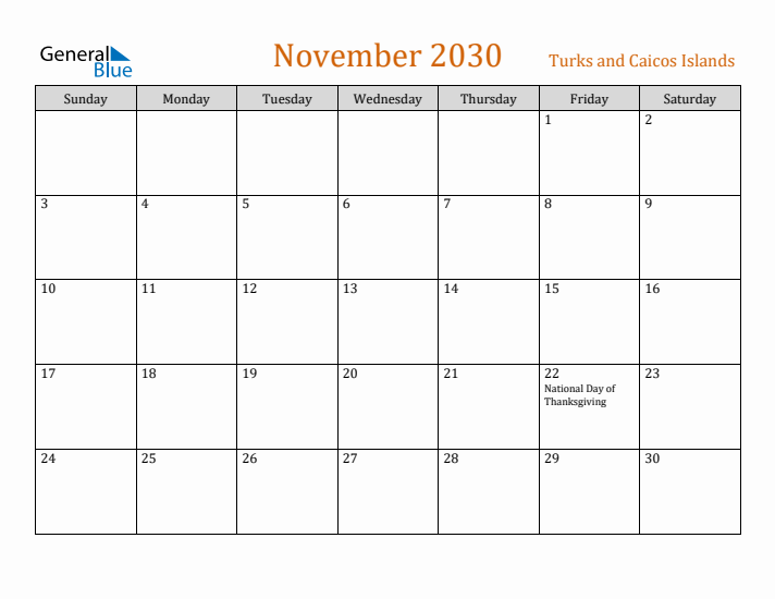 November 2030 Holiday Calendar with Sunday Start
