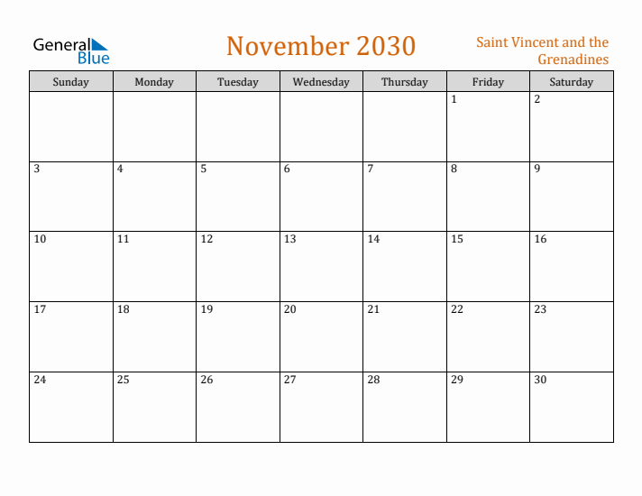 November 2030 Holiday Calendar with Sunday Start