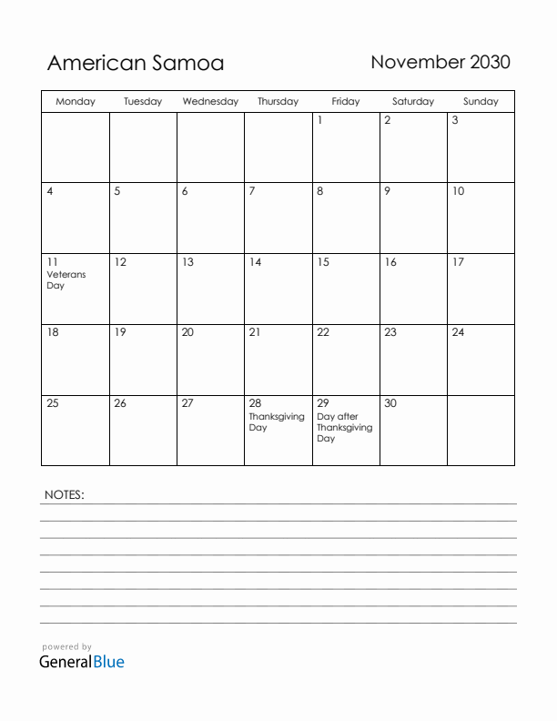 November 2030 American Samoa Calendar with Holidays (Monday Start)