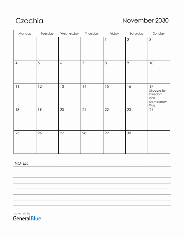 November 2030 Czechia Calendar with Holidays (Monday Start)