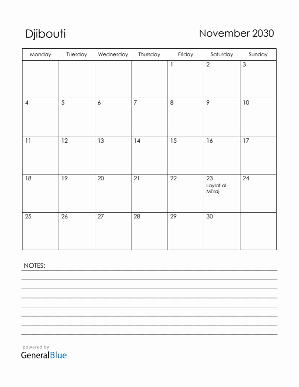 November 2030 Djibouti Calendar with Holidays (Monday Start)