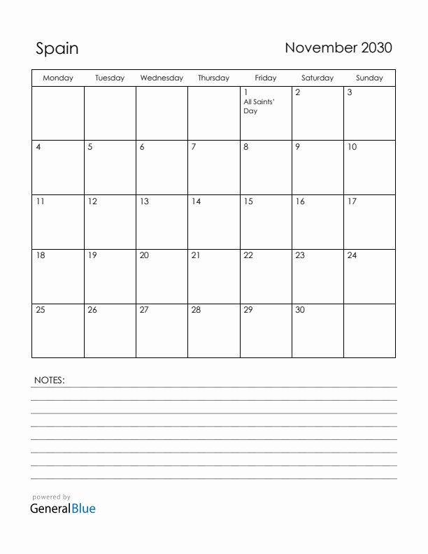 November 2030 Spain Calendar with Holidays (Monday Start)