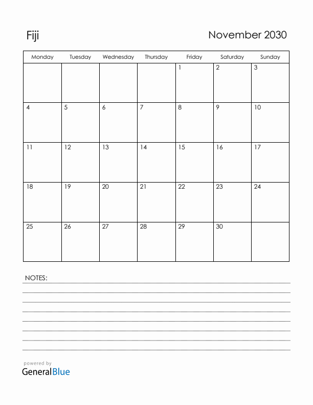November 2030 Fiji Calendar with Holidays (Monday Start)