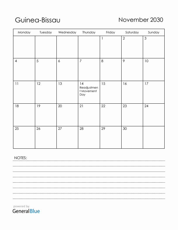 November 2030 Guinea-Bissau Calendar with Holidays (Monday Start)