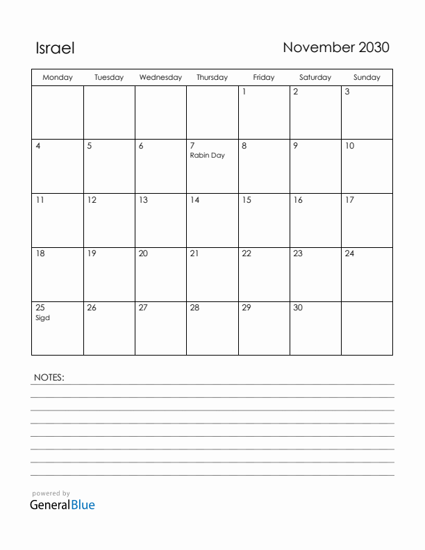 November 2030 Israel Calendar with Holidays (Monday Start)