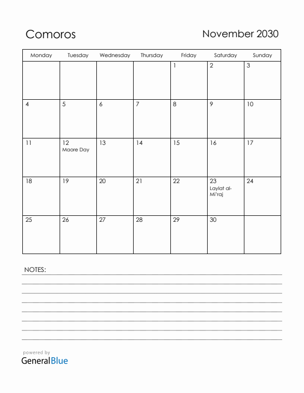 November 2030 Comoros Calendar with Holidays (Monday Start)