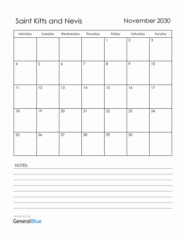 November 2030 Saint Kitts and Nevis Calendar with Holidays (Monday Start)
