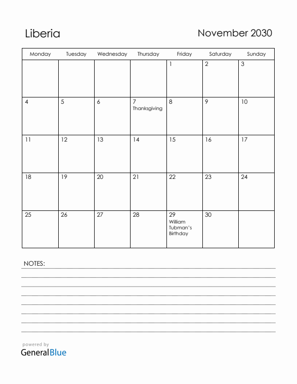 November 2030 Liberia Calendar with Holidays (Monday Start)