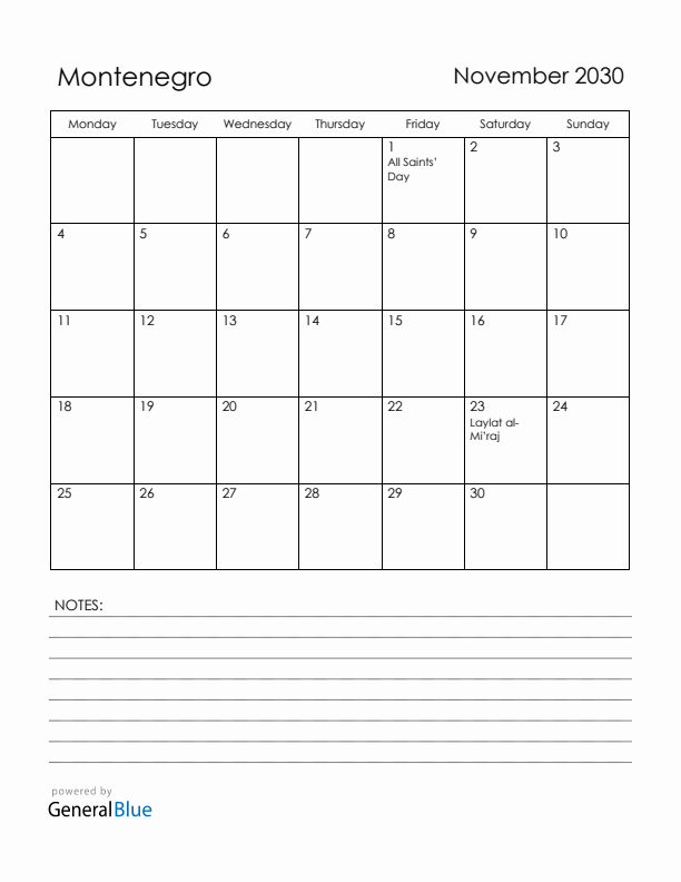 November 2030 Montenegro Calendar with Holidays (Monday Start)