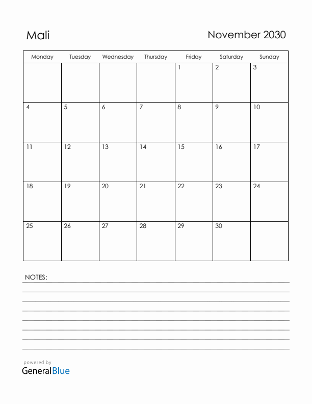 November 2030 Mali Calendar with Holidays (Monday Start)