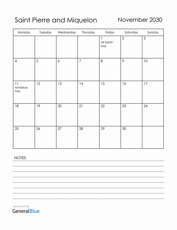 November 2030 Saint Pierre and Miquelon Calendar with Holidays (Monday Start)