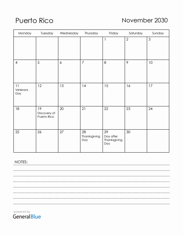 November 2030 Puerto Rico Calendar with Holidays (Monday Start)