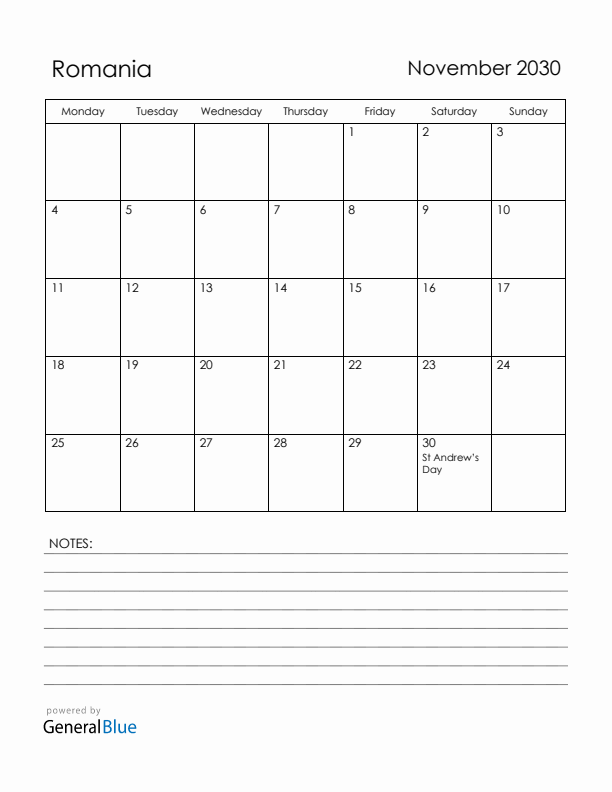 November 2030 Romania Calendar with Holidays (Monday Start)