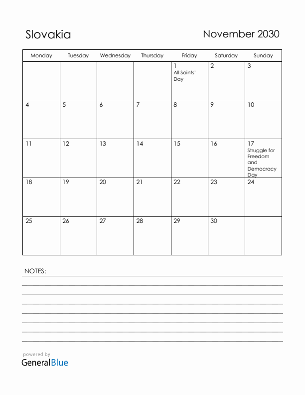 November 2030 Slovakia Calendar with Holidays (Monday Start)