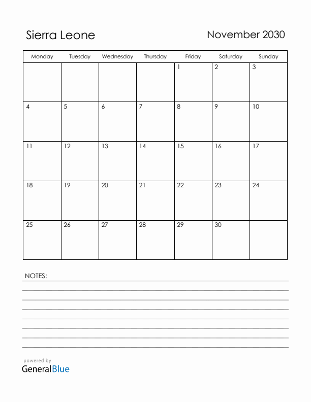 November 2030 Sierra Leone Calendar with Holidays (Monday Start)