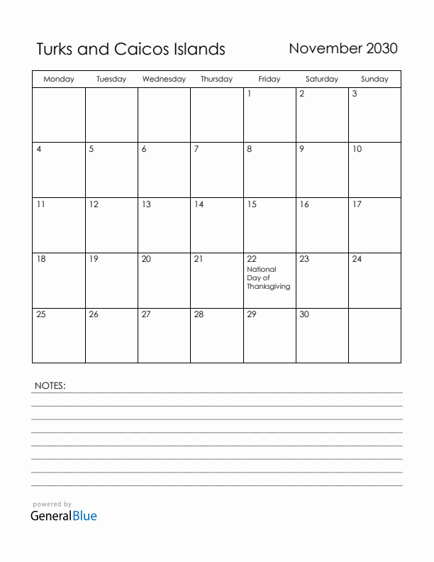 November 2030 Turks and Caicos Islands Calendar with Holidays (Monday Start)