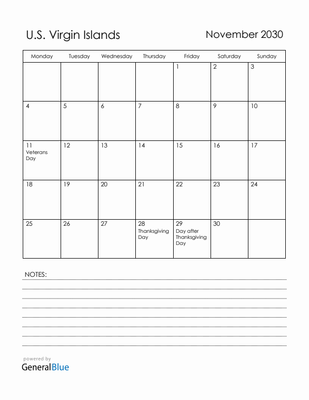 November 2030 U.S. Virgin Islands Calendar with Holidays (Monday Start)
