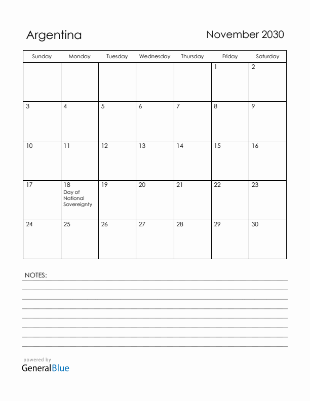 November 2030 Argentina Calendar with Holidays (Sunday Start)